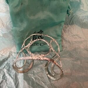 Rustic Cuff Silver Tone Geometric Openwork Circle Hammered Statement Bracelet